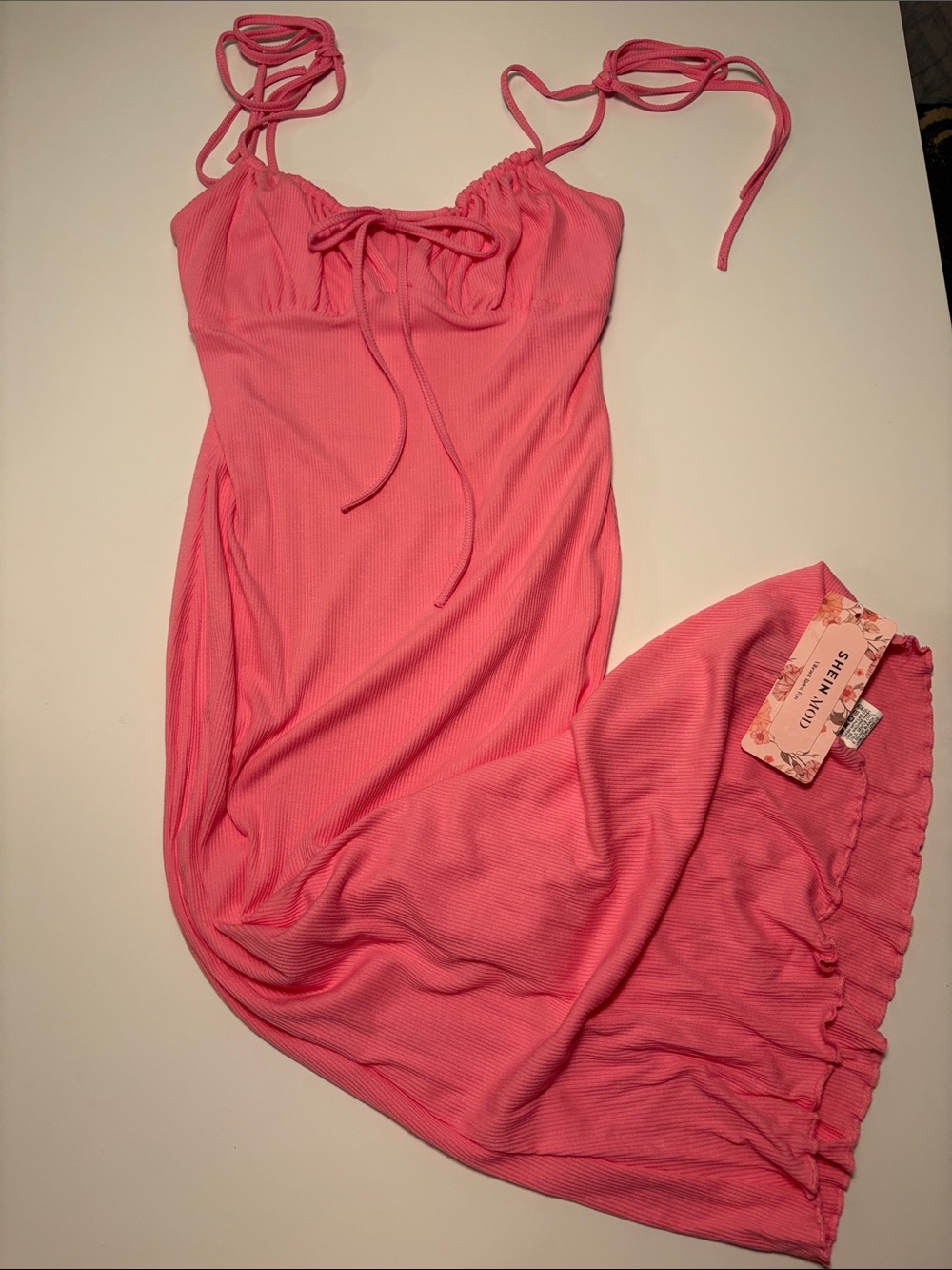 SHEIN Pink Ribbed Tie-Front Slip Dress
